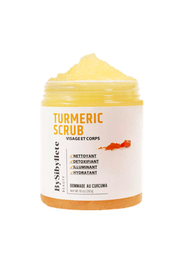 Pot ouvert de Gommage au Curcuma (Turmeric Scrub) By Sibyllete (283g), dévoilant sa texture exubérante, exfoliante et dorée.