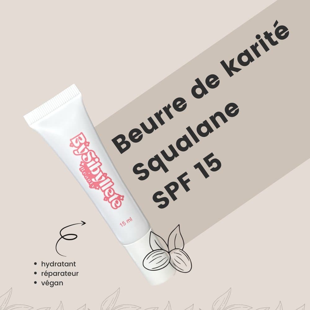 Visuel présentatif du Baume à Lèvres 15ml By Sibyllete enrichi en beurre de karité, squalane et SPF 15, un soin hydratant, réparateur et végan.