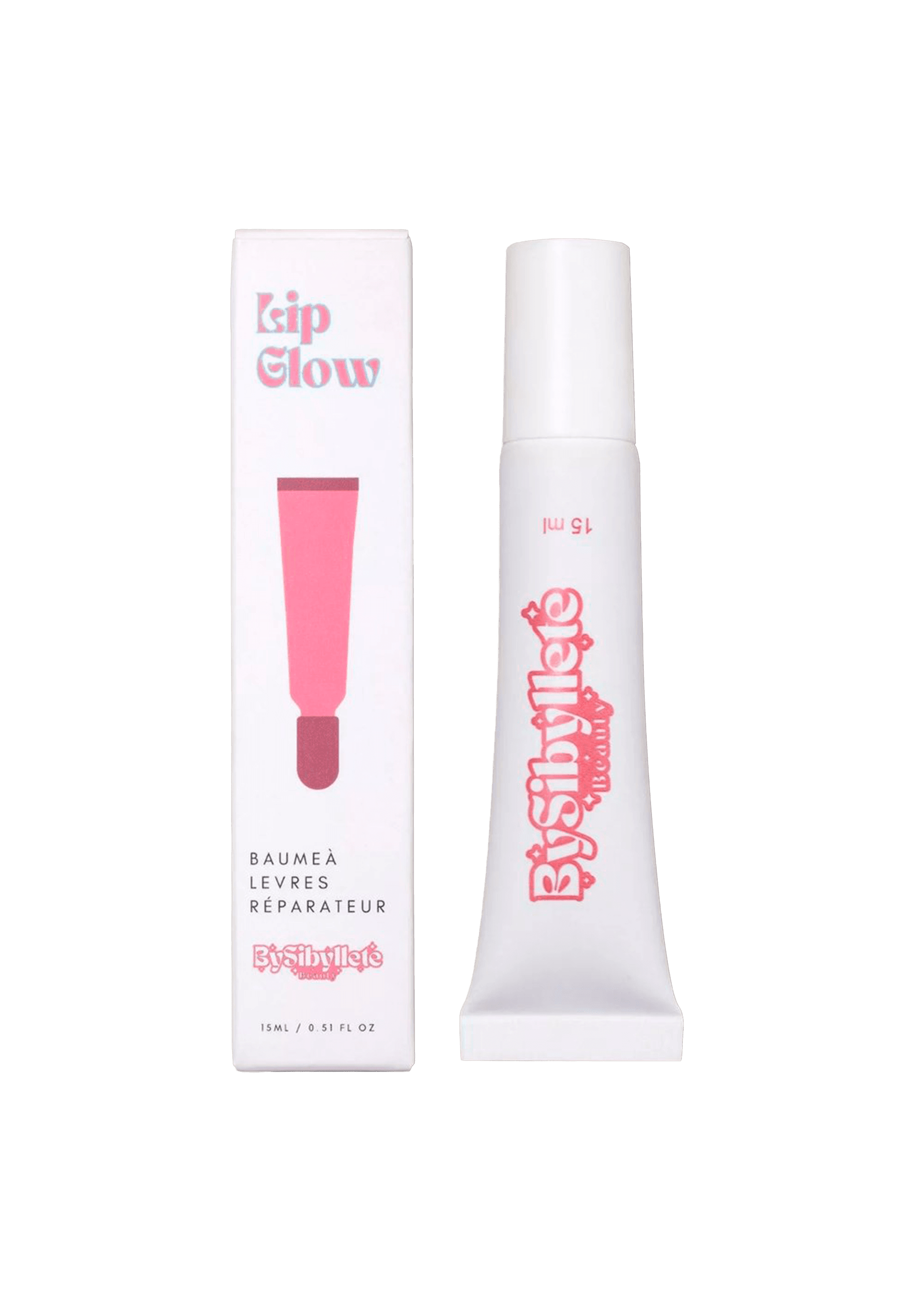Tube de 15ml du Baume à Lèvres Réparateur Lip Glow By Sibyllete présenté à côté de son étui en carton.