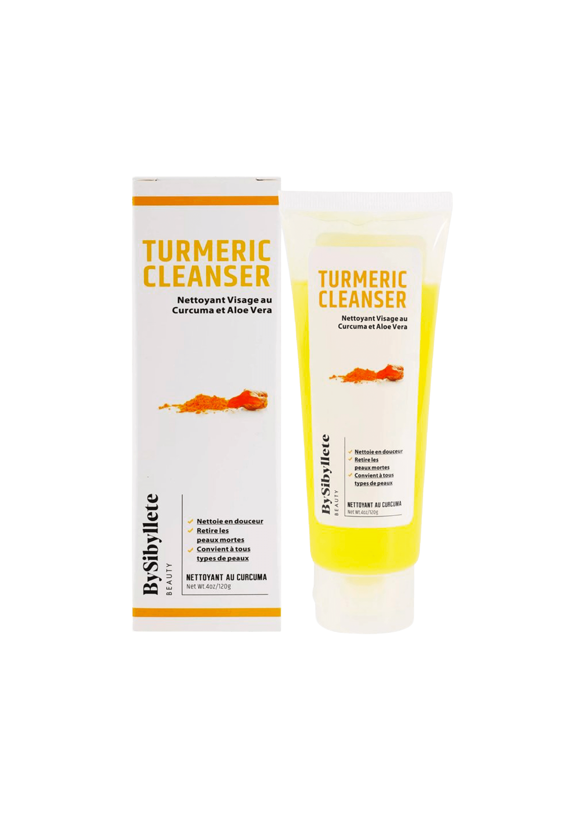Tube de Nettoyant Visage au Curcuma et Aloe Vera (120g) By Sibyllete à côté de son étui, un soin doux pour éliminer les peaux mortes et convient à tous types de peaux.