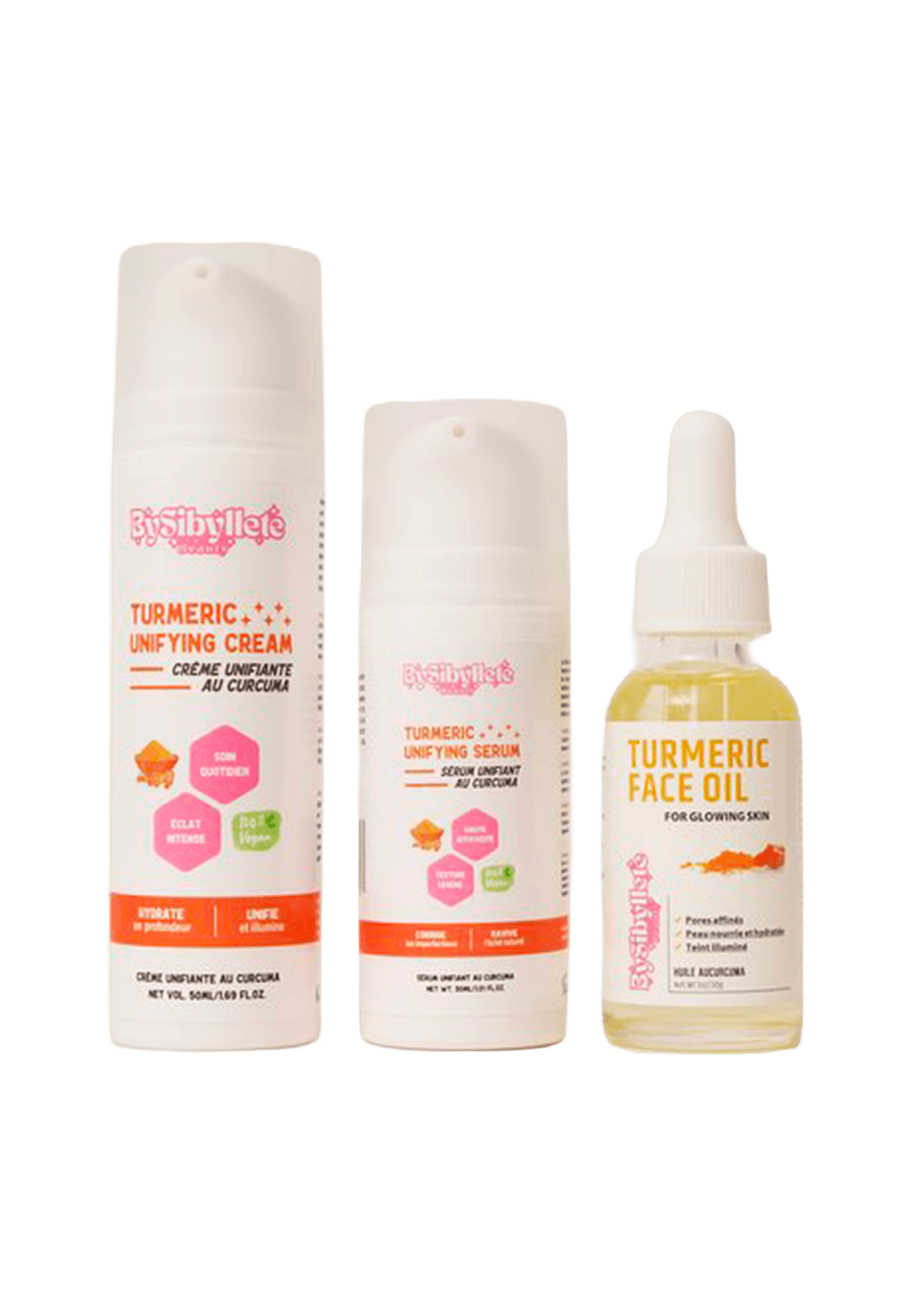 Trio de soins au curcuma By Sibyllete comprenant la Crème Unifiante (50ml), le Sérum Unifiant (30ml) et l'Huile Visage (30g).