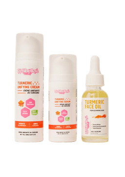 Trio de soins au curcuma By Sibyllete comprenant la Crème Unifiante (50ml), le Sérum Unifiant (30ml) et l'Huile Visage (30g).