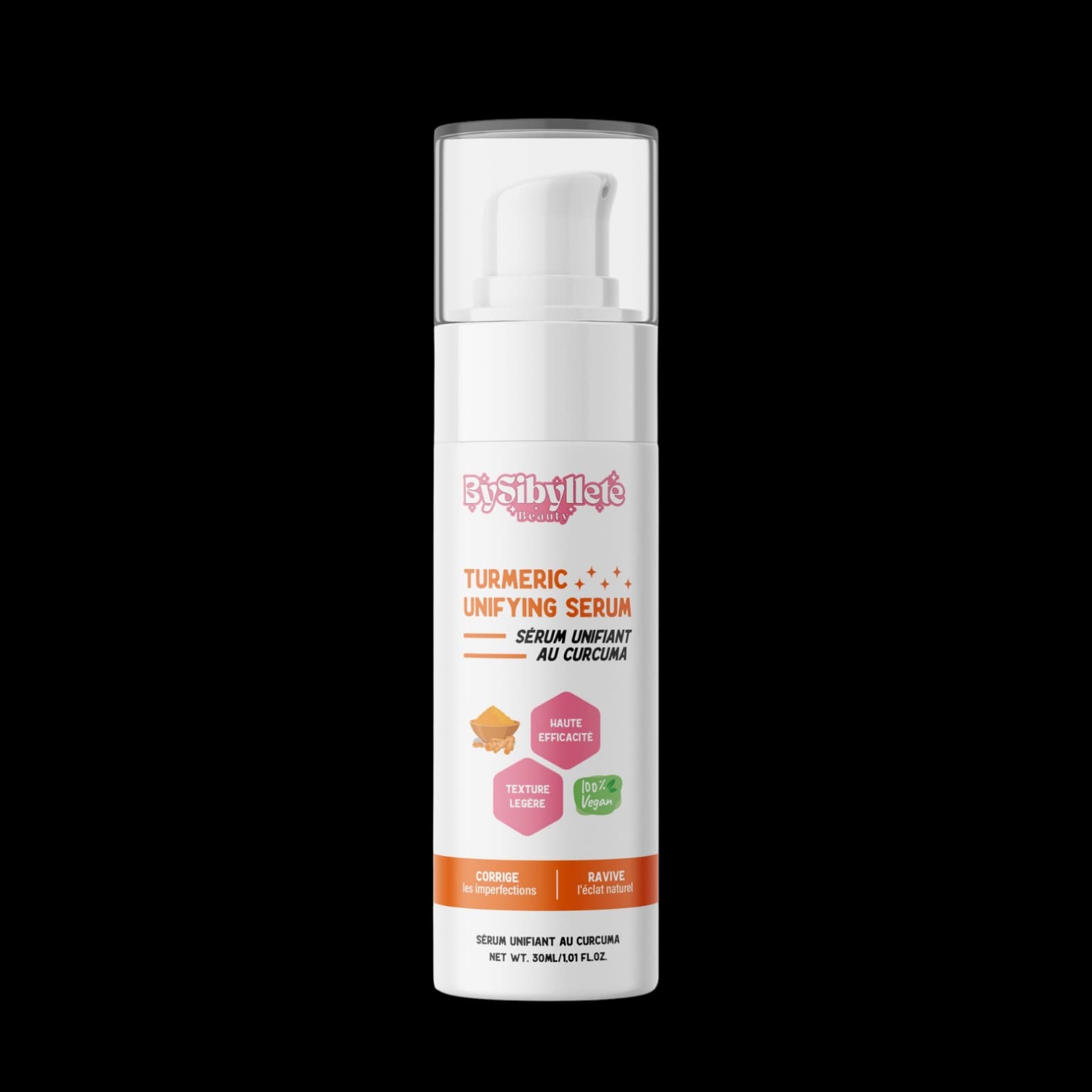 Flacon-pompe de 30ml du Sérum Unifiant au Curcuma By Sibyllete, un soin vegan à la texture légère pour corriger les imperfections.