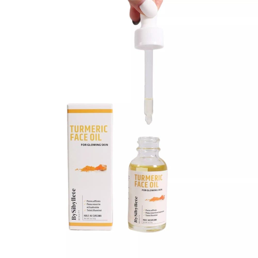 Flacon d'Huile Visage au Curcuma (Turmeric Face Oil) By Sibyllete (30g) avec sa pipette goutte-à-goutte et son étui pour nourrir la peau et affiner les pores.
