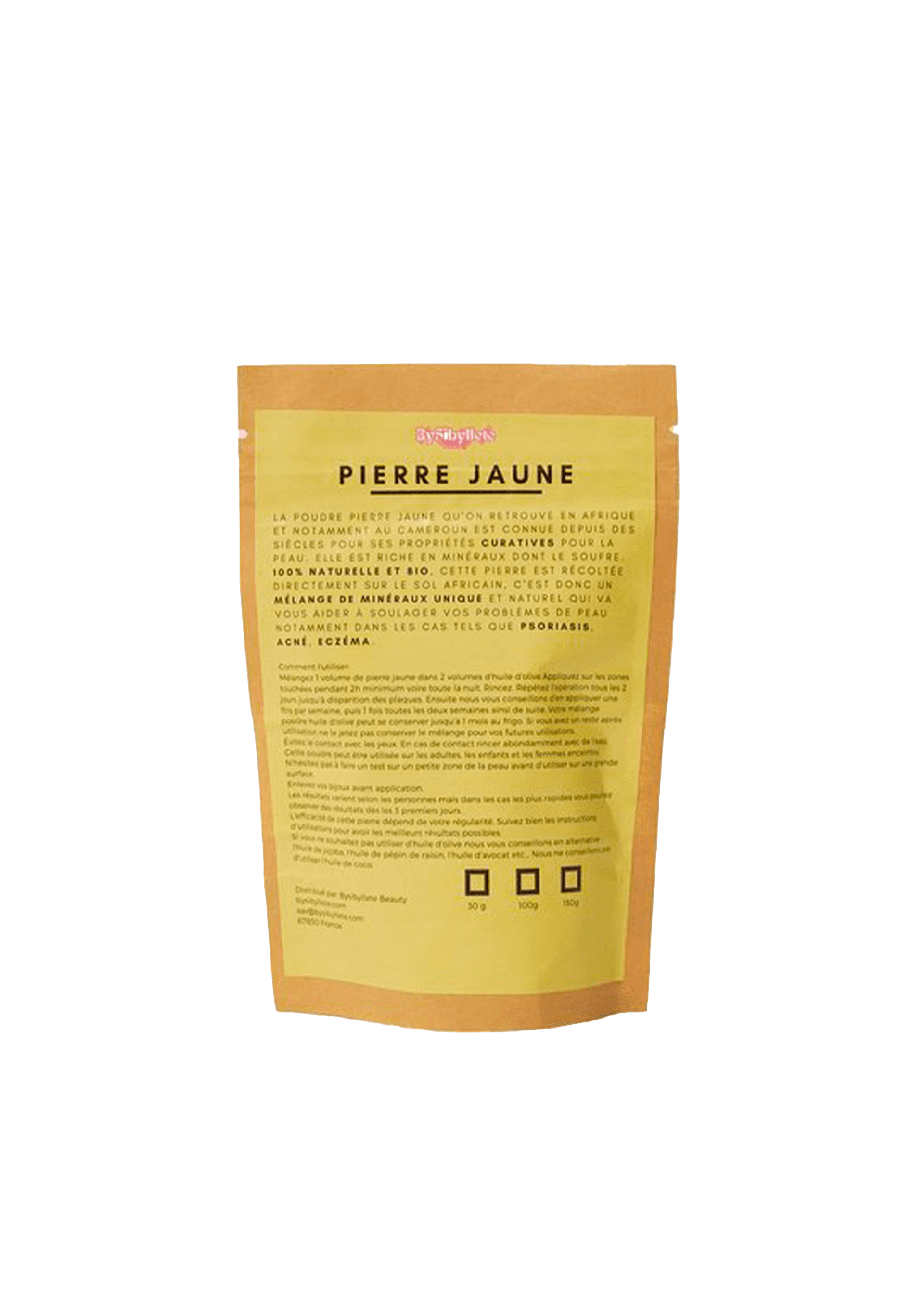Dos du sachet Pierre Jaune By Sibyllete détaillant les conseils d'utilisation et les bienfaits apaisants pour la peau.