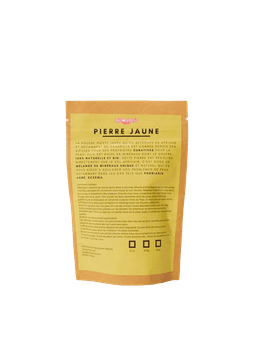 Dos du sachet Pierre Jaune By Sibyllete détaillant les conseils d'utilisation et les bienfaits apaisants pour la peau.