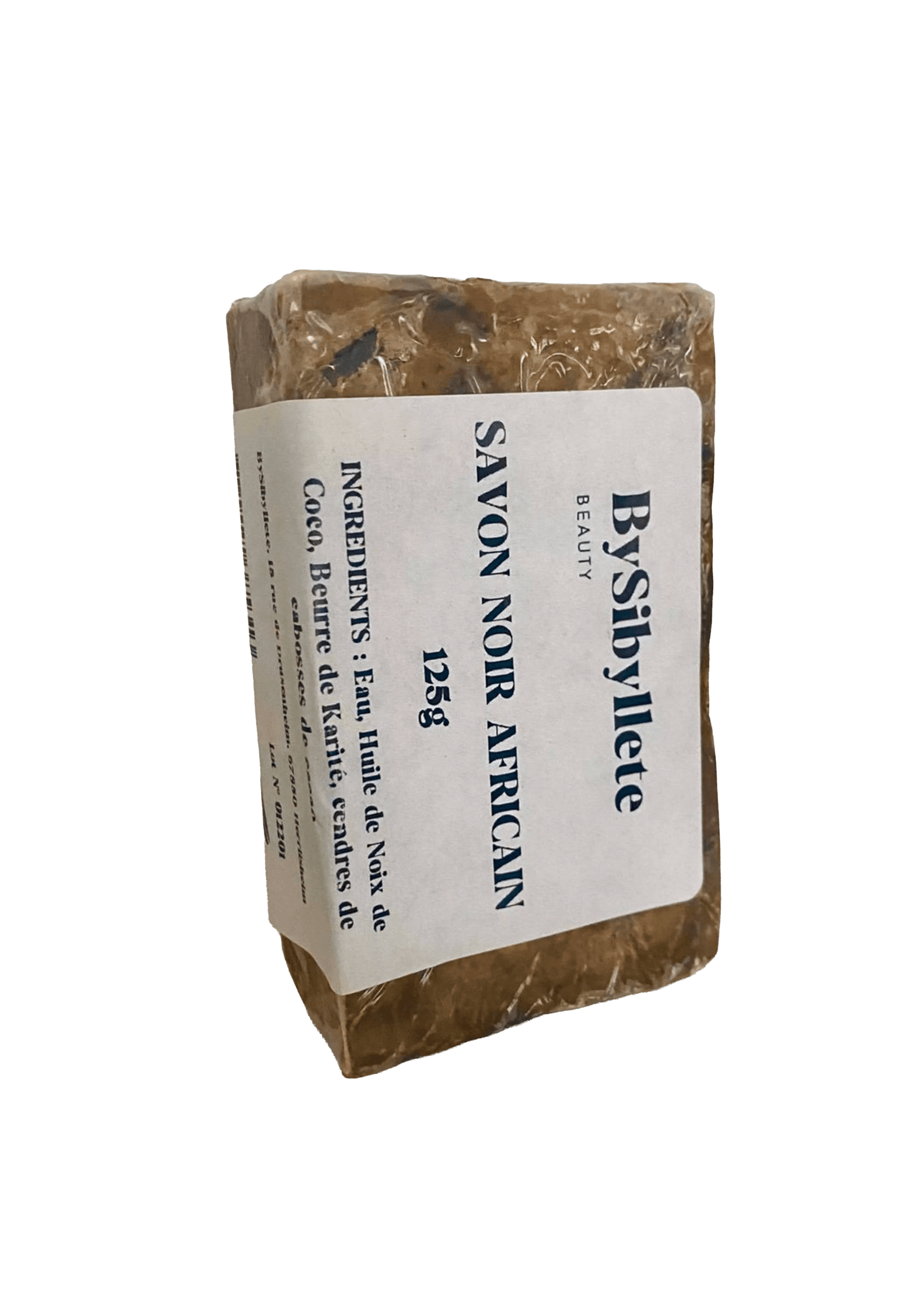 Pain de Savon Noir Africain (125g) By Sibyllete emballé, formulé à base d'eau, d'huile de noix de coco, de beurre de karité et de cendres de cabosses de cacao.