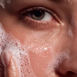 Gros plan sur l'application du nettoyant générant une mousse fine et ultra-douce autour du regard lors de la routine de soin.