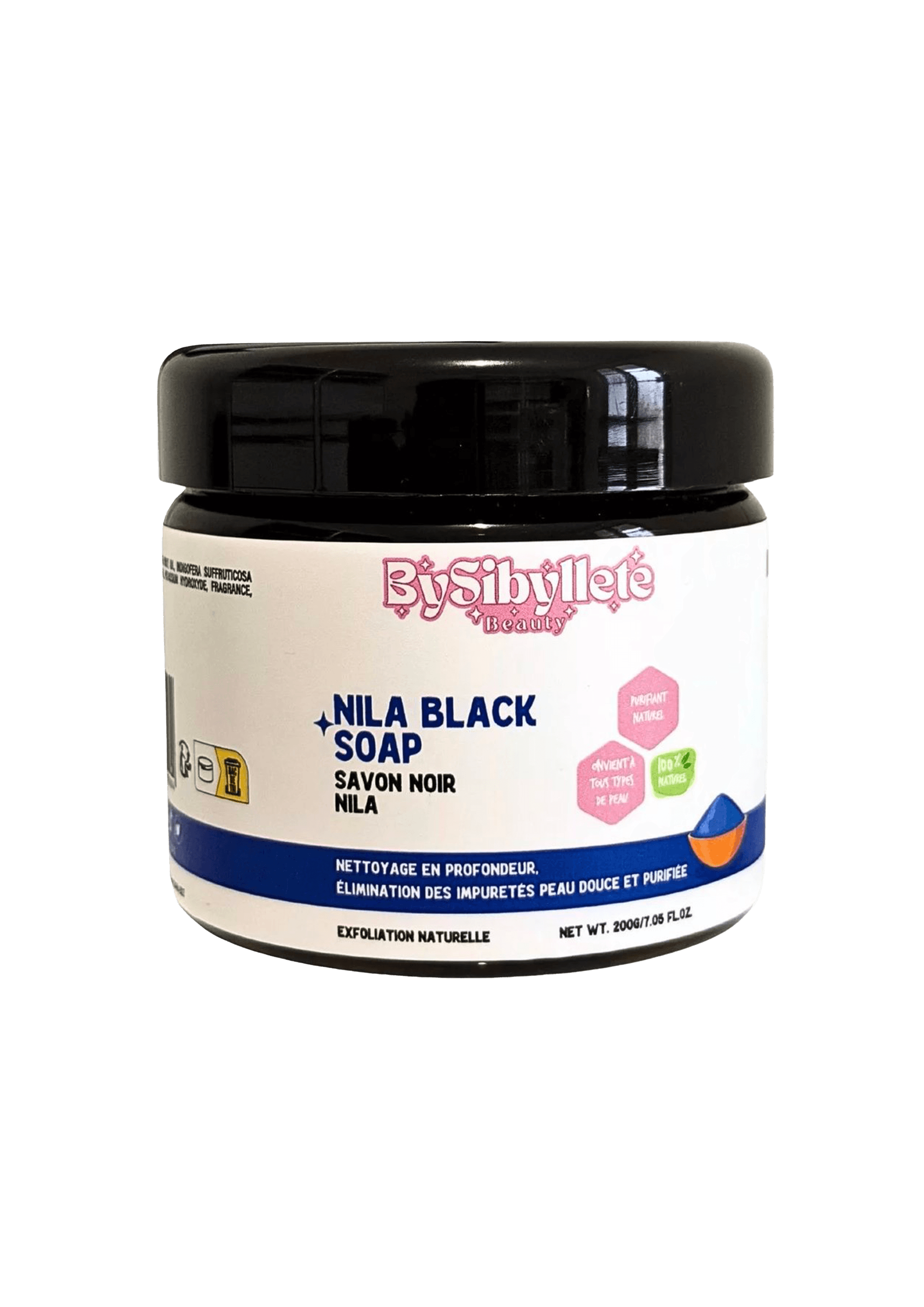 Pot de Savon Noir Nila (200g) By Sibyllete, un soin purifiant et exfoliant naturel pour un nettoyage en profondeur.