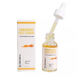 Flacon en verre avec sa pipette et son étui du Sérum Visage au Curcuma (Turmeric Face Serum) By Sibyllete (30g) sur fond blanc, un soin pour l'hydratation, l'éclat et la nutrition de la peau.