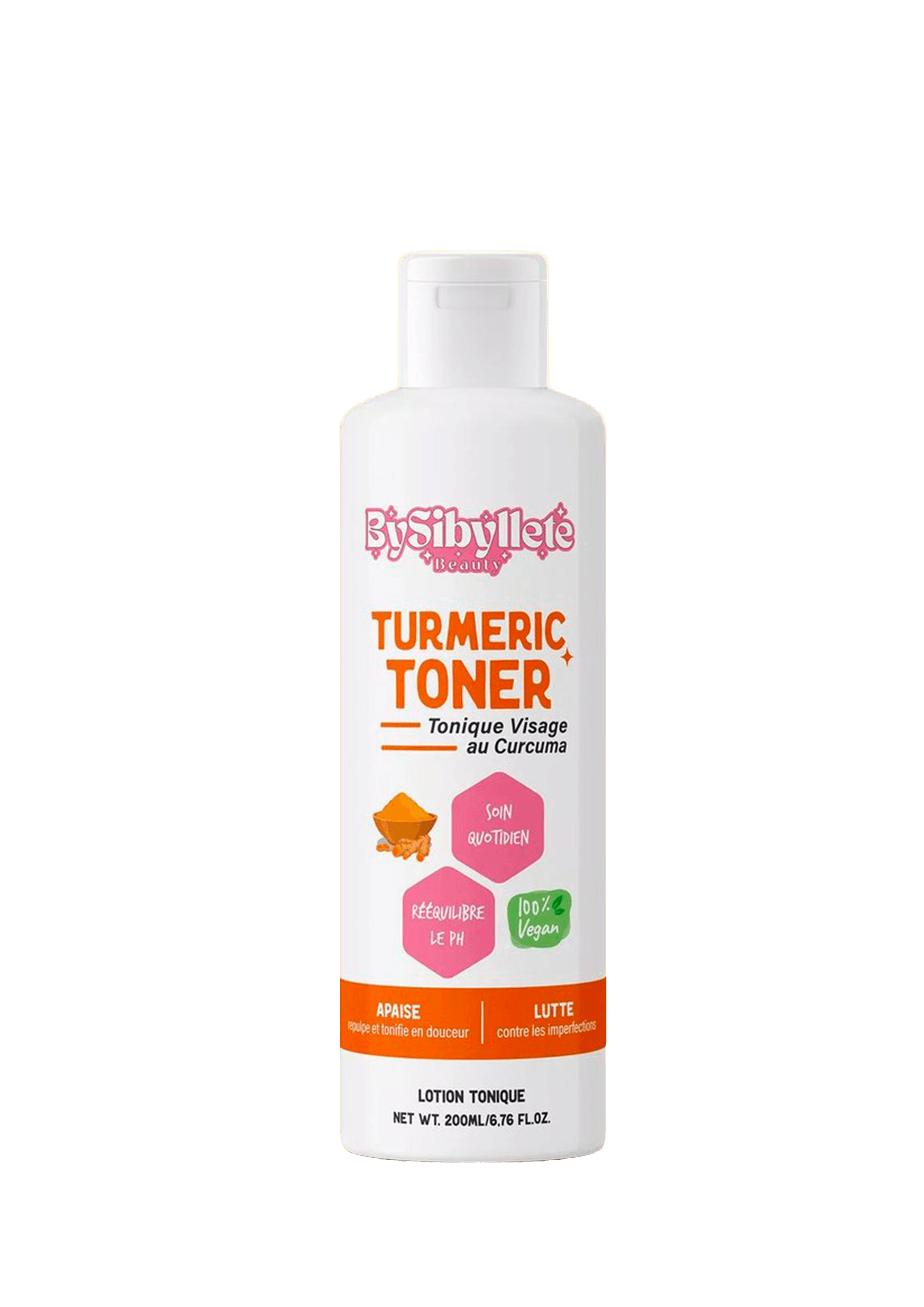 Flacon de 200ml du Tonique Visage au Curcuma By Sibyllete sur fond noir, un soin quotidien vegan pour rééquilibrer le pH et lutter contre les imperfections.
