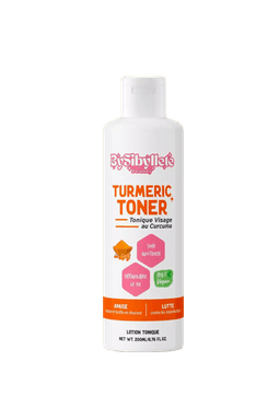 Flacon de 200ml du Tonique Visage au Curcuma By Sibyllete sur fond noir, un soin quotidien vegan pour rééquilibrer le pH et lutter contre les imperfections.