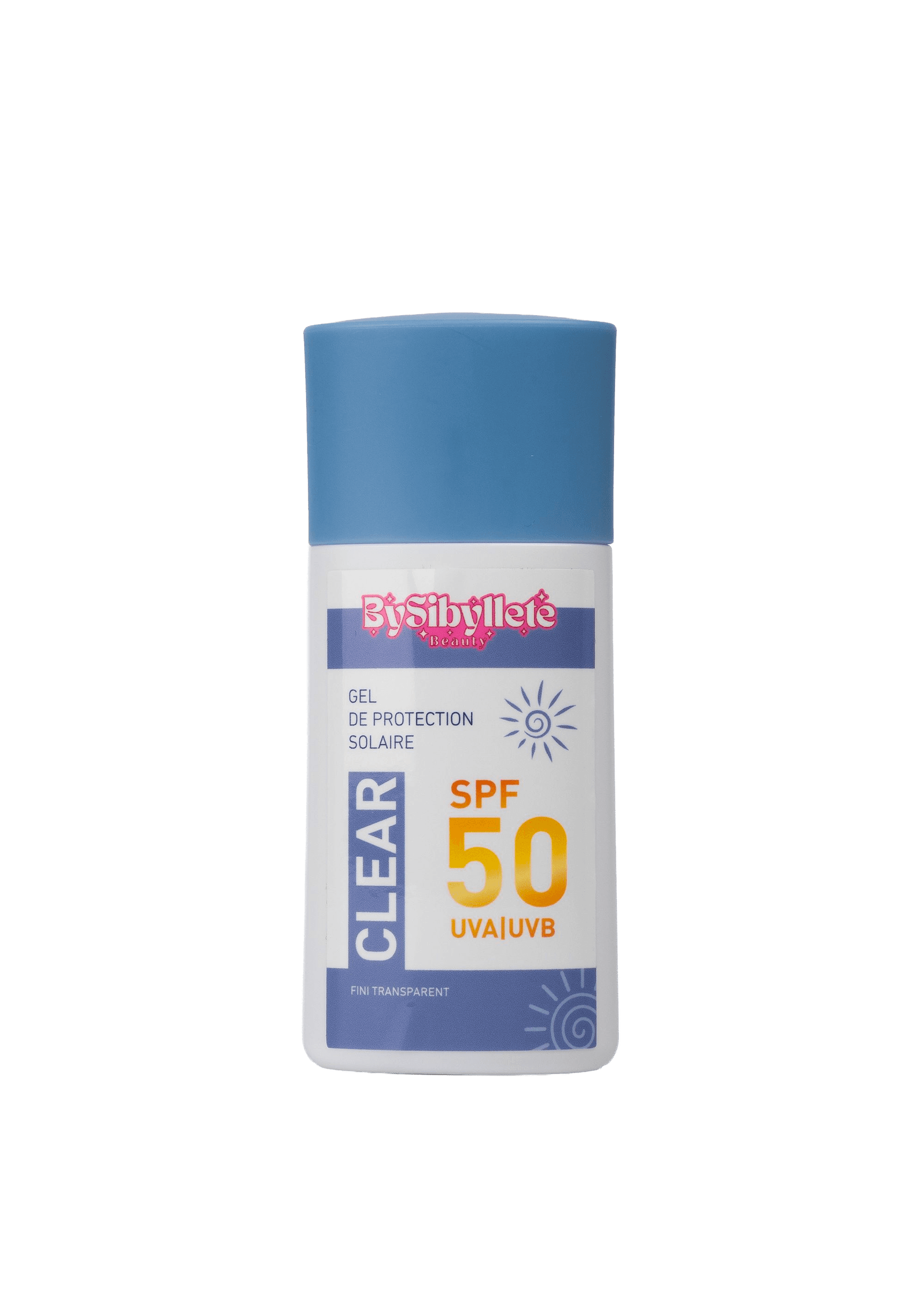 Gel de protection solaire Clear SPF 50 UVA/UVB à fini transparent par BySibyllete Beauty.
