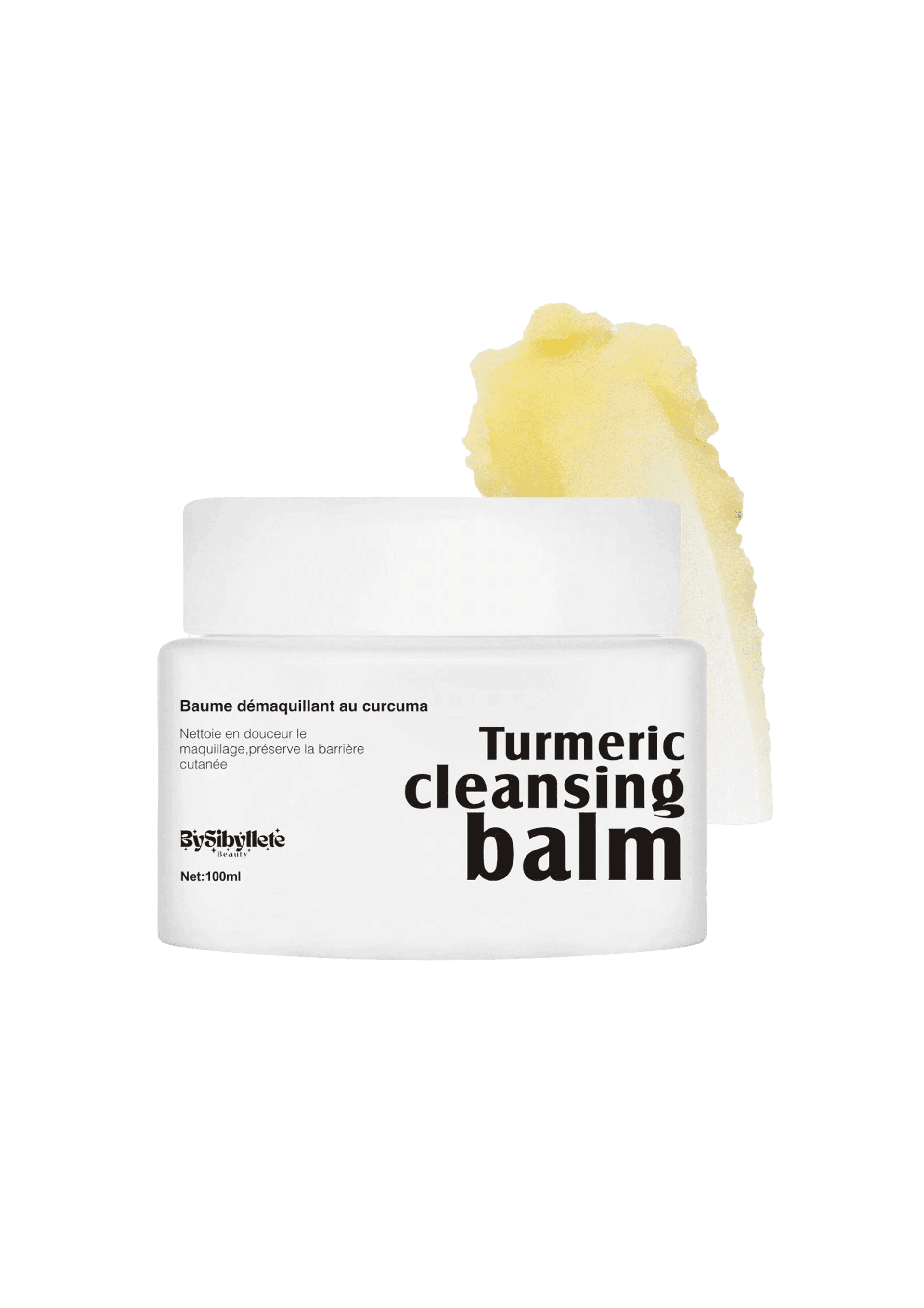 Pot blanc de baume démaquillant au curcuma « Turmeric Cleansing Balm » BySibyllete Beauty, avec un swatch de texture jaune pastel en arrière-plan.