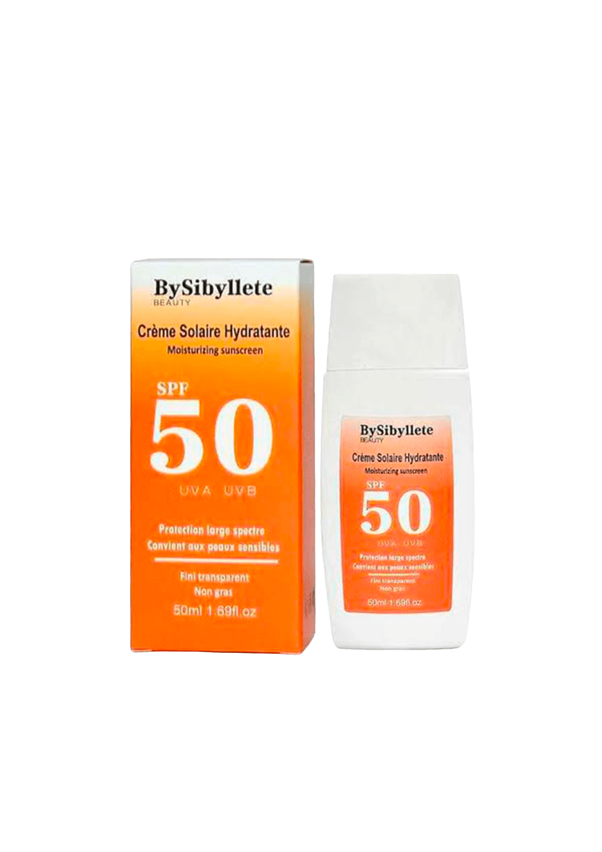 Flacon et étui de crème solaire hydratante SPF 50 BySibyllete Beauty