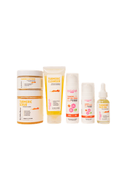 Gamme complète de six soins cosmétiques au curcuma BySibyllete Beauty alignés