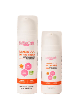 Duo de soins visage By Sibyllete comprenant la Crème Unifiante (50ml) et le Sérum Unifiant au Curcuma (30ml).