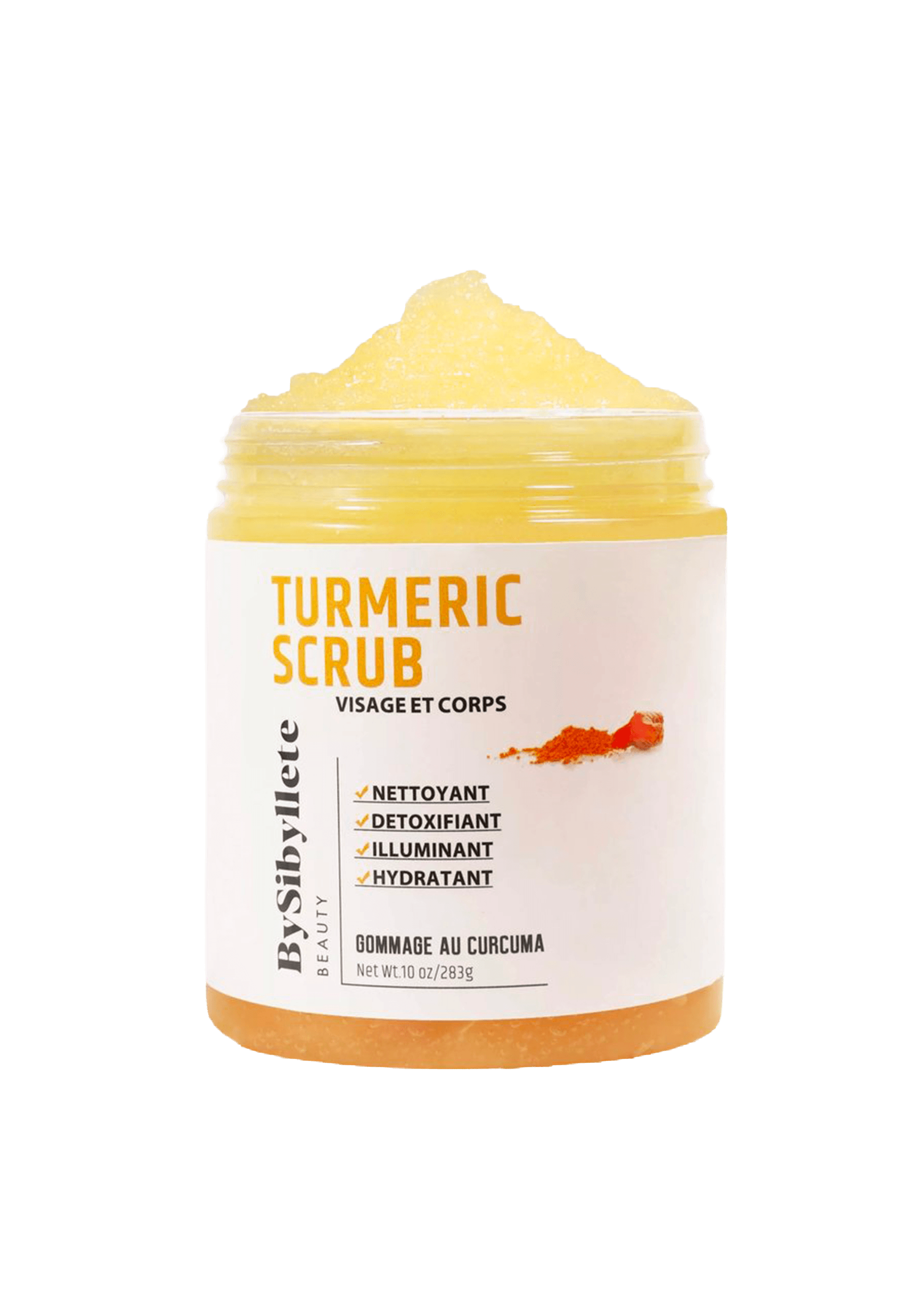 Pot ouvert de Gommage au Curcuma (Turmeric Scrub) By Sibyllete (283g), dévoilant sa texture exubérante, exfoliante et dorée.