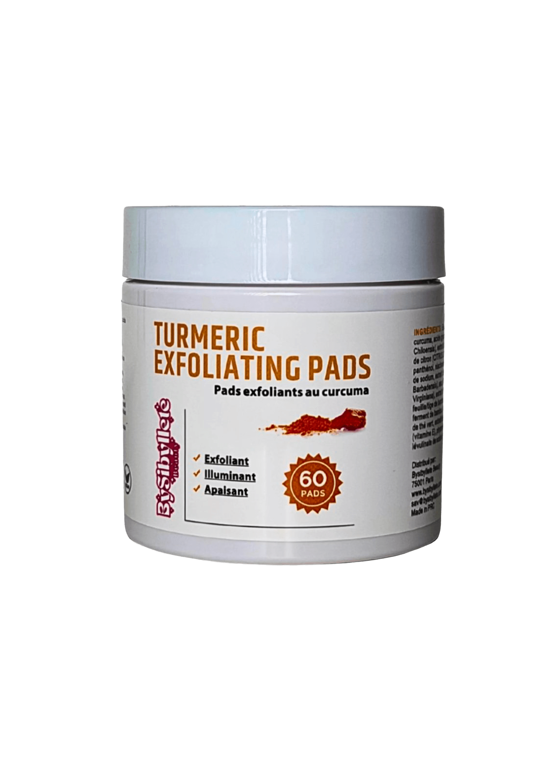 Pot de 60 Pads Exfoliants au Curcuma (Turmeric Exfoliating Pads) By Sibyllete sur fond noir, un soin exfoliant, illuminant et apaisant.