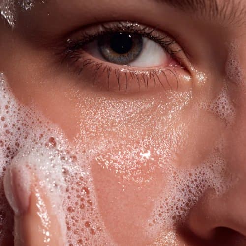 Gros plan sur l'application du nettoyant générant une mousse fine et ultra-douce autour du regard lors de la routine de soin.