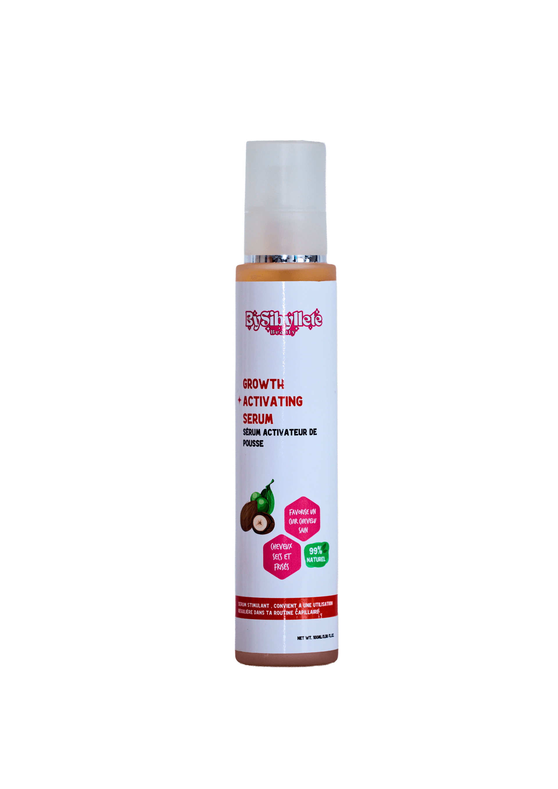 Flacon du Sérum Activateur de Pousse (Growth Activating Serum) By Sibyllete sur fond noir, un soin 99% naturel pour stimuler le cuir chevelu et favoriser la pousse des cheveux secs et frisés.