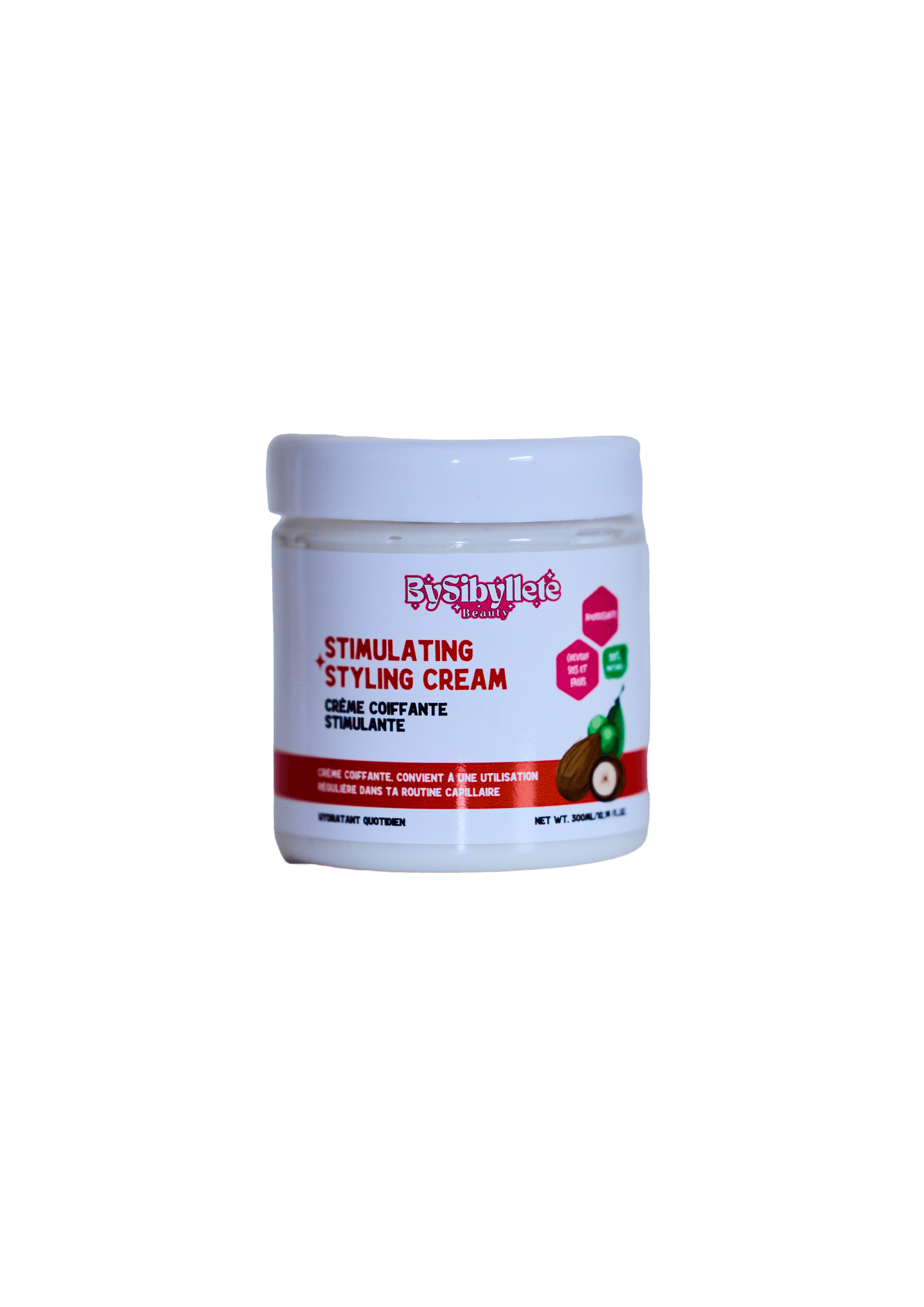 Pot de Crème Coiffante Stimulante By Sibyllete (300ml) présenté sur fond noir, conçu pour faciliter le coiffage sans effet gras.