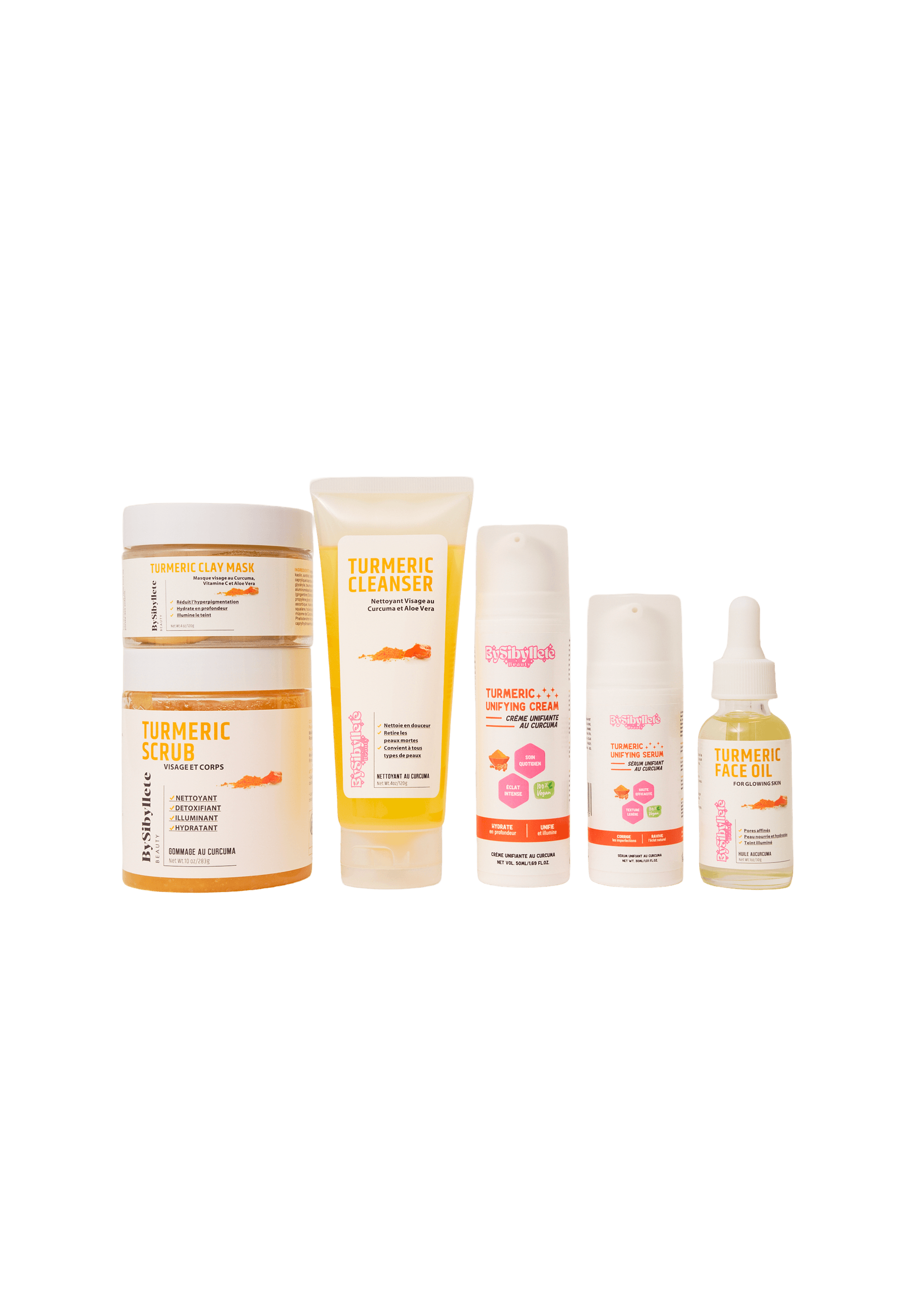Gamme complète de six soins cosmétiques au curcuma BySibyllete Beauty alignés
