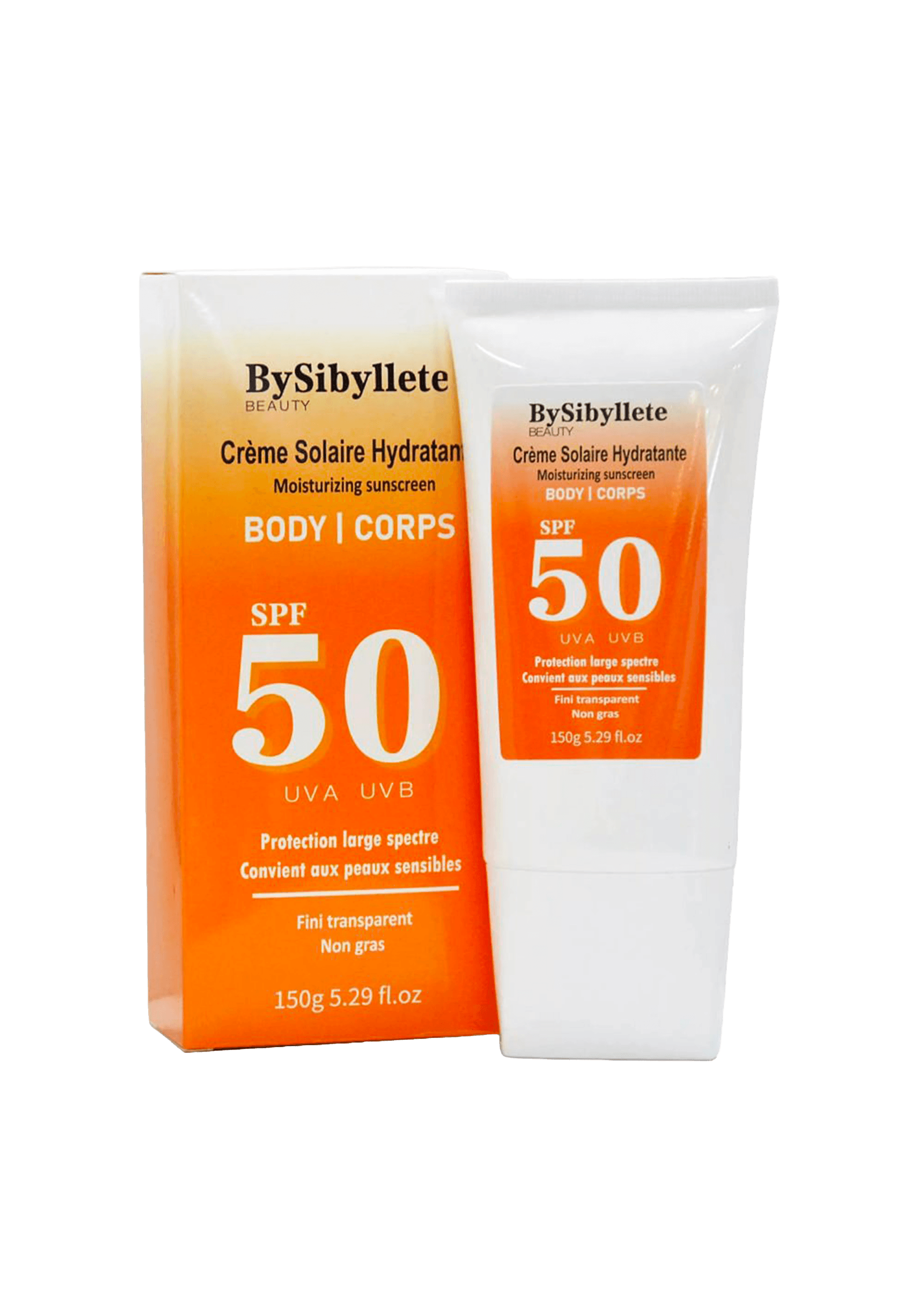 Tube de Crème Solaire Hydratante Corps SPF 50 By Sibyllete (150g) posé à côté de sa boîte orange et blanche.