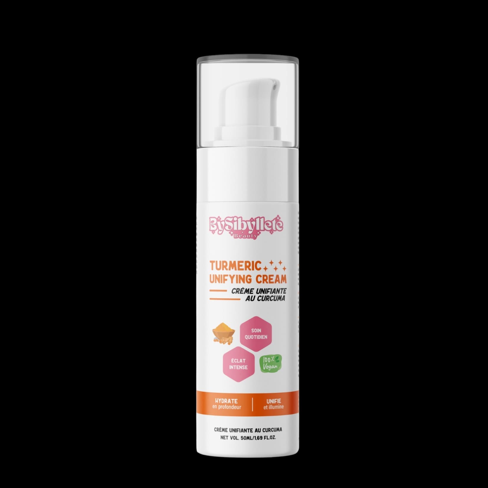 Le flacon-pompe de la Crème Unifiante au Curcuma (Turmeric Unifying Cream) By Sibyllete de 50ml, un soin quotidien vegan pour hydrater et illuminer.