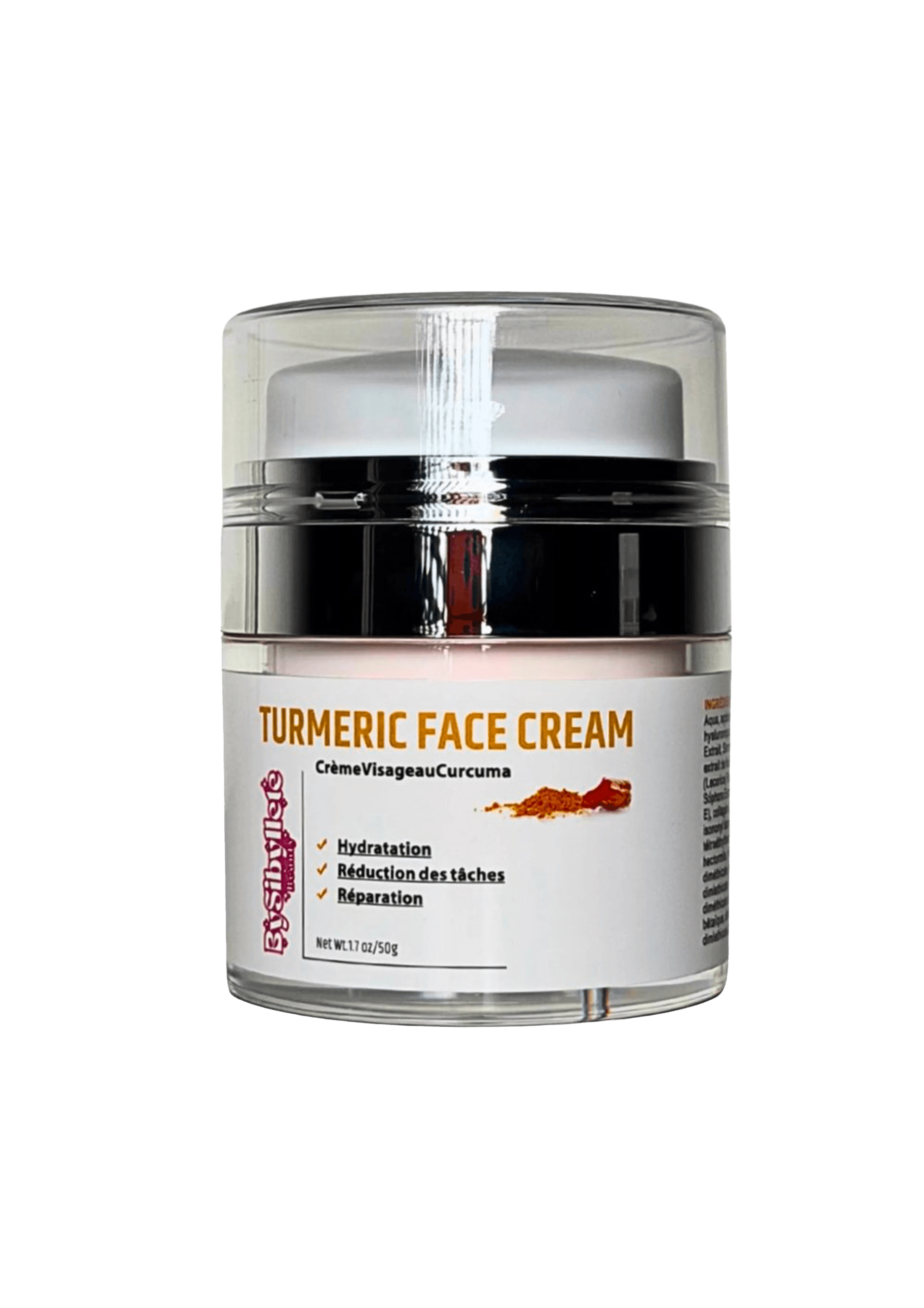 Pot airless de Crème Visage au Curcuma (Turmeric Face Cream) By Sibyllete (50g) sur fond noir, conçu pour l'hydratation, la réduction des tâches et la réparation cutanée.