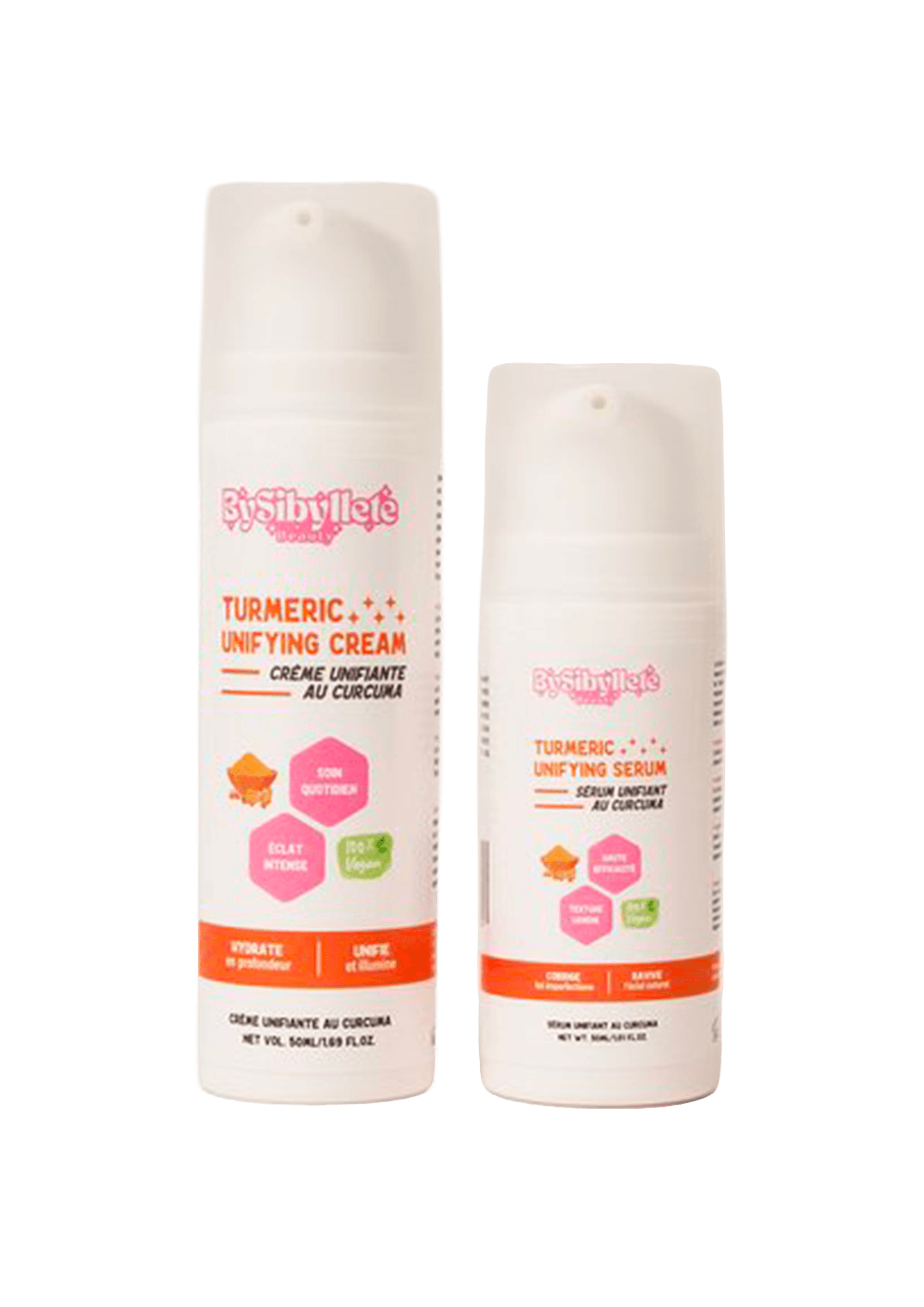 Duo de soins visage By Sibyllete comprenant la Crème Unifiante (50ml) et le Sérum Unifiant au Curcuma (30ml).